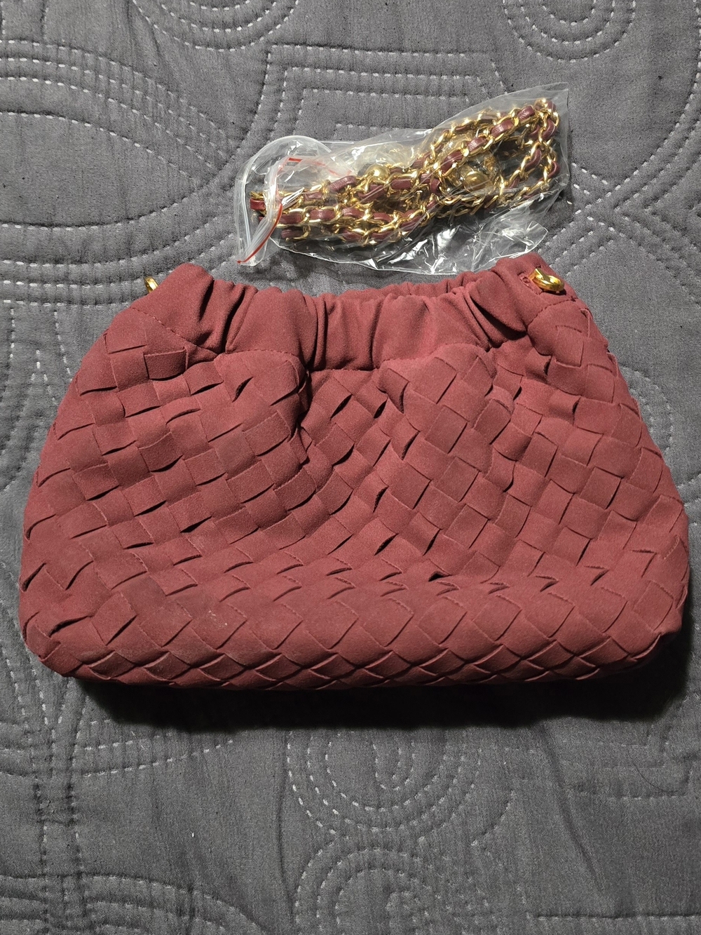 Woven Burgundy Women’s Shoulder Bag with Gold Chain Strap